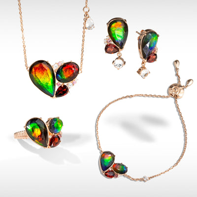 Adore ammolite pendant, earring, ring and bracelet set in 18K rose gold vermeil