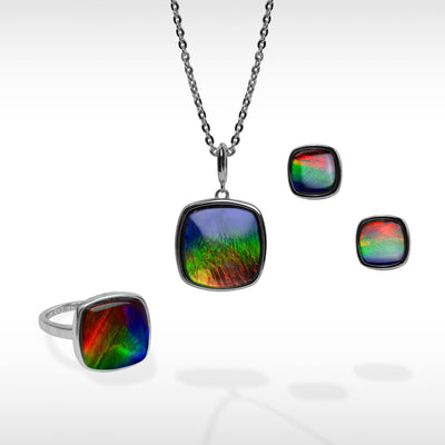 Origins cushion ammolite pendant,earring and ring set in sterling silver