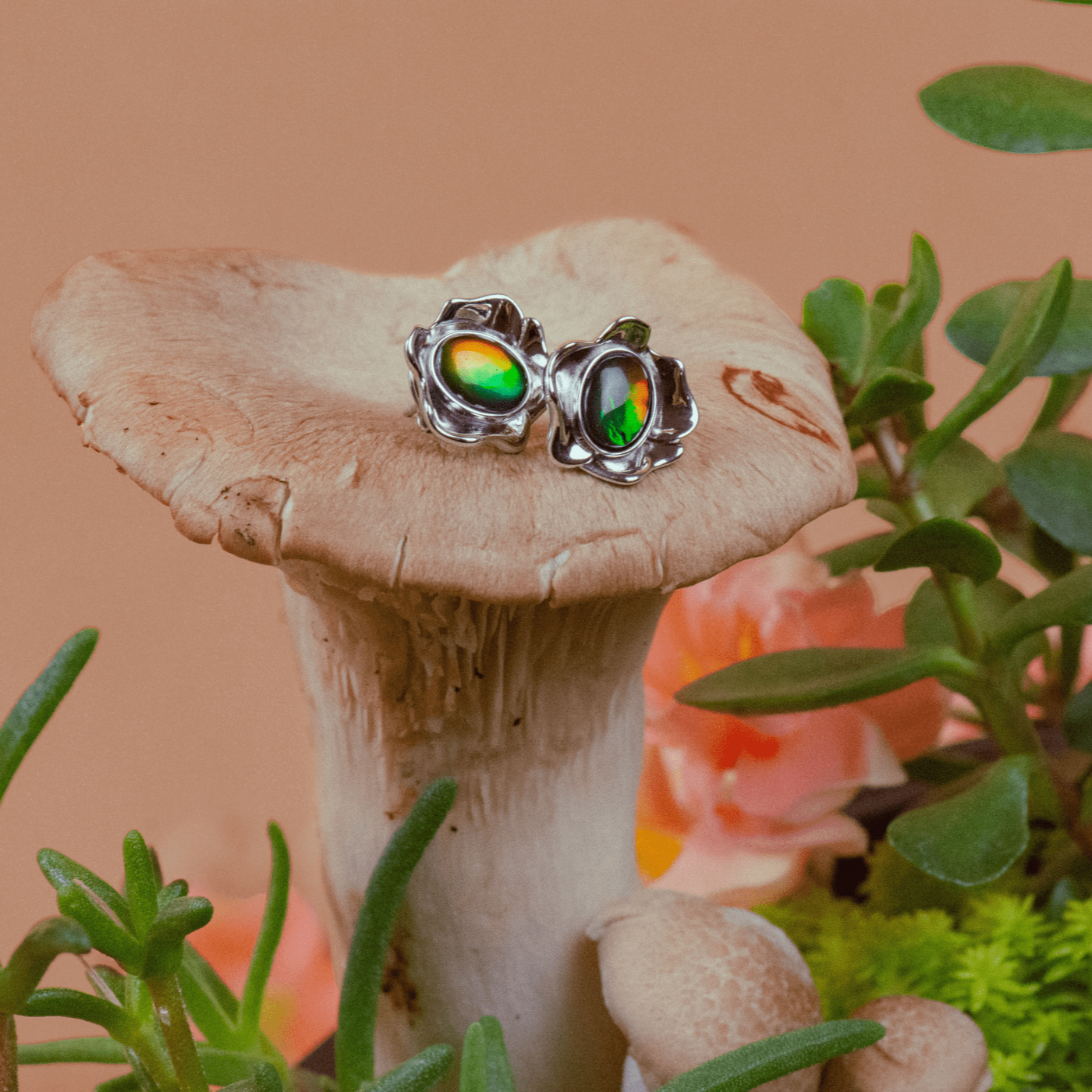 Bloom ammolite pendant, earring, ring and bracelet set in sterling silver