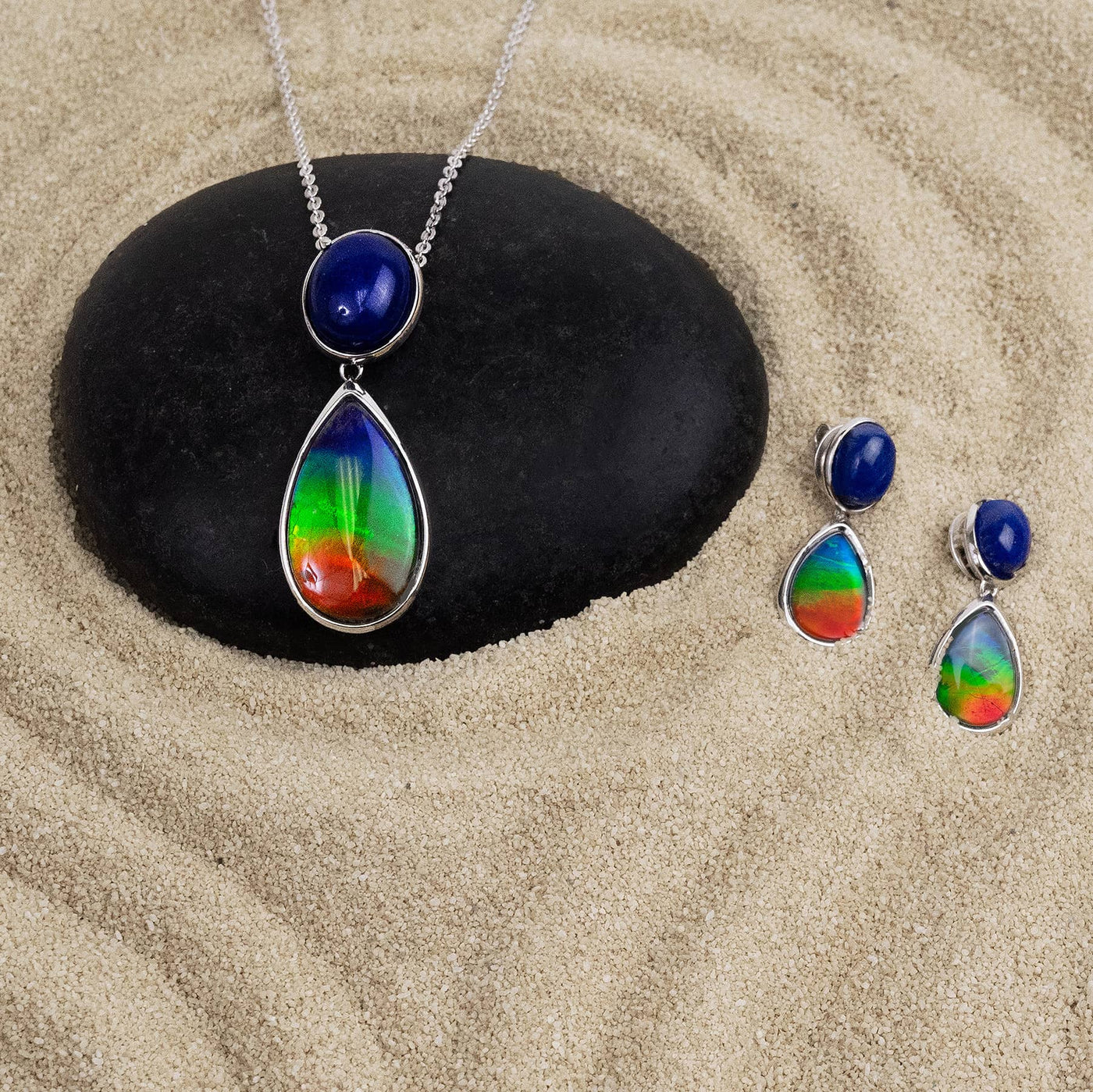 Harmony Ammolite Earrings in Sterling Silver with Lapis