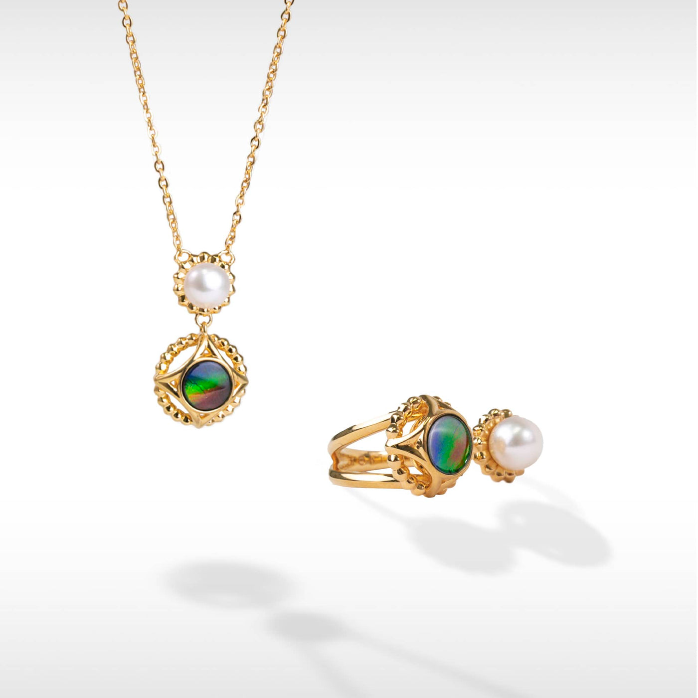 Pearl ammolite pendant and ring set in 18K gold plating