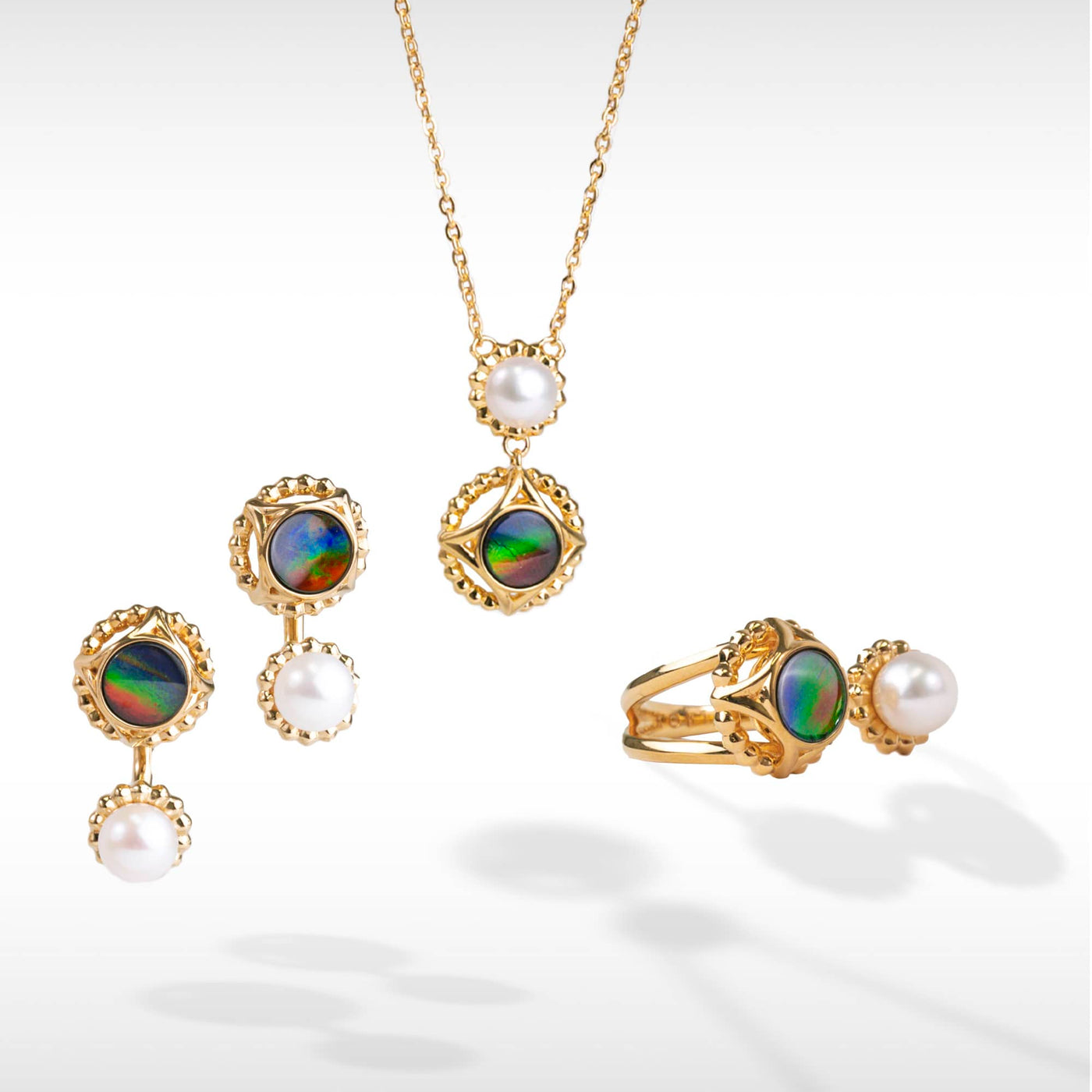 Pearl ammolite pendant, earring and ring set in 18K gold plating
