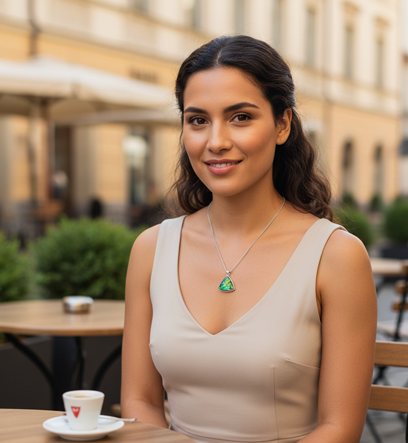 A woman with dark hair and a white blouse wearing a colourful green and yellow Ammolite silver wire-wrapped pendant from KORITE.