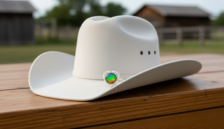 Calgary Stampede White Hat with KORITE Ammolite multi coloured Gemstone Heart-shaped Ring in Silver