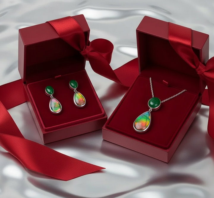 Harmony Ammolite Pendant and Earring Set in Sterling Silver with Malachite