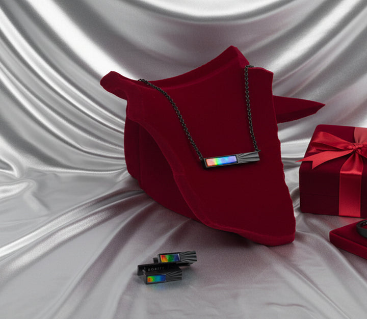 Eclipse Ammolite Pendant and Earring Set in Matte Black Titanium