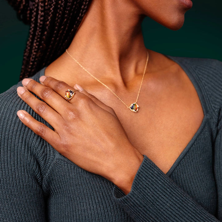 Starlight Trillion Ammolite Ring with White Diamonds in 14K Gold