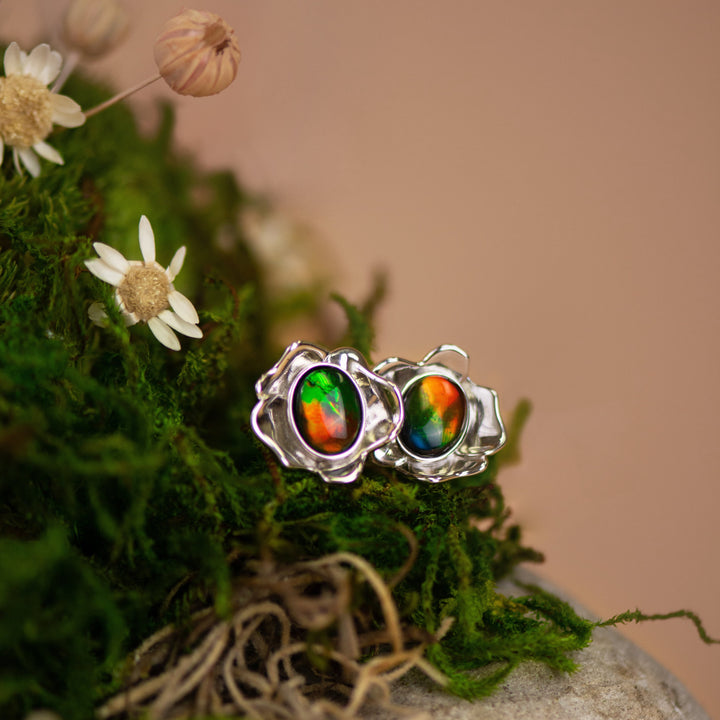 Bloom ammolite pendant, earring, ring and bracelet set in sterling silver