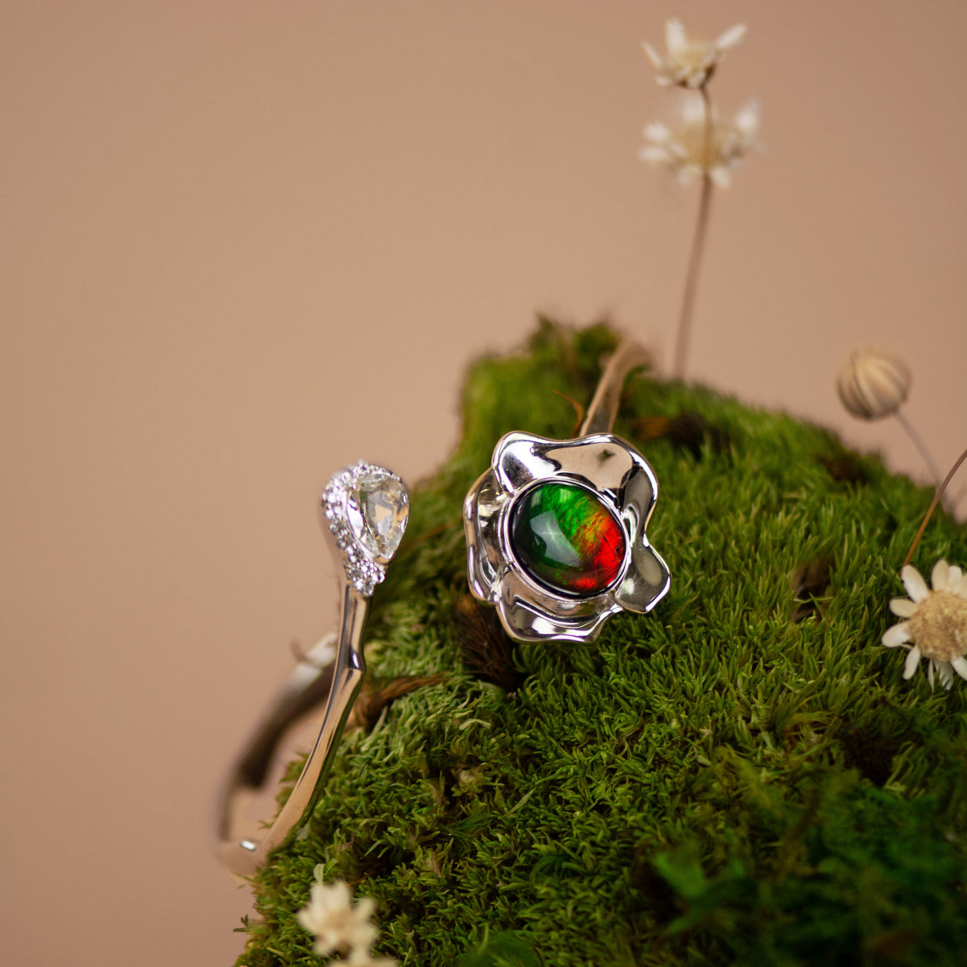 Bloom ammolite pendant, earring, ring and bracelet set in sterling silver