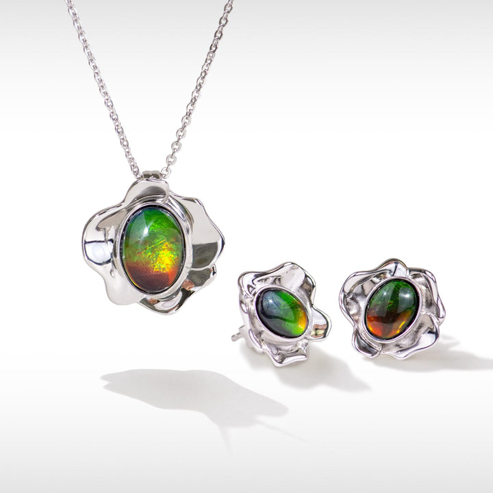 Bloom ammolite pendant and earring set in sterling silver