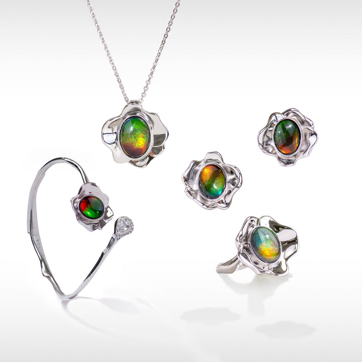 Bloom ammolite pendant, earring, ring and bracelet set in sterling silver