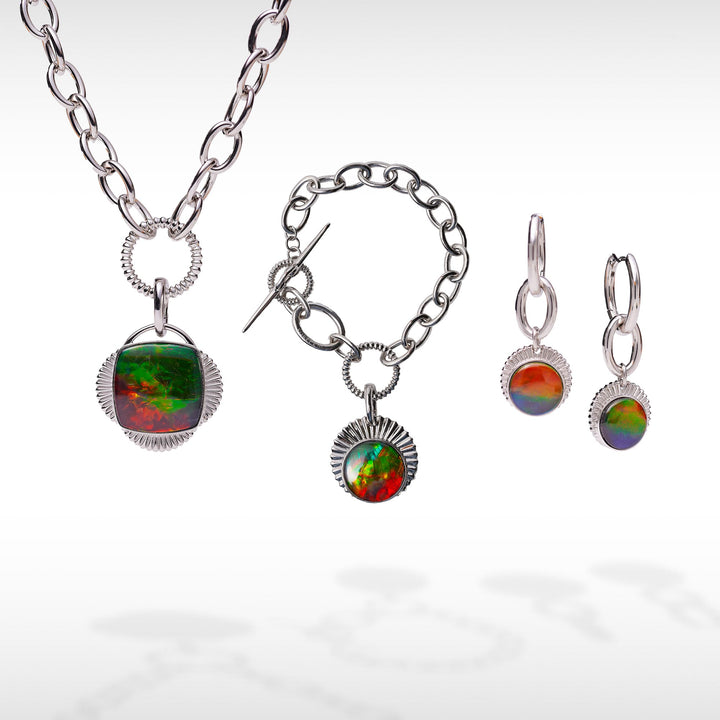 Origins chain link ammolite pendant,earring and bracelet set in sterling silver