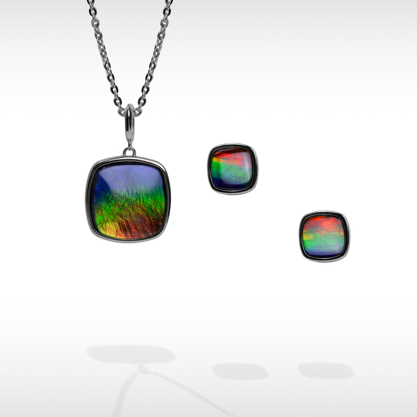 Origins cushion ammolite pendant and earring set in sterling silver