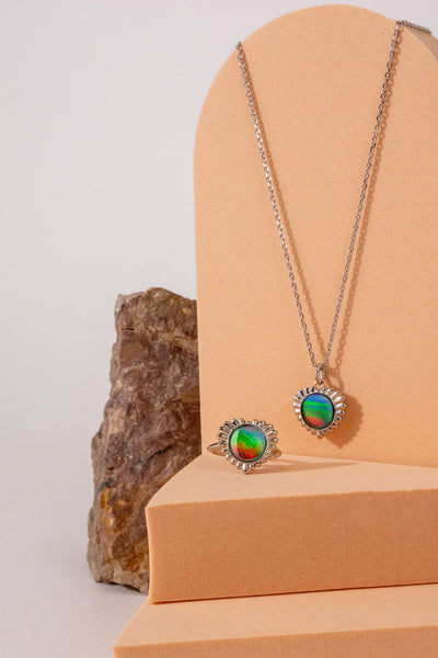 Solstice Ammolite Heart Pendant and Ring Set in Sterling Silver