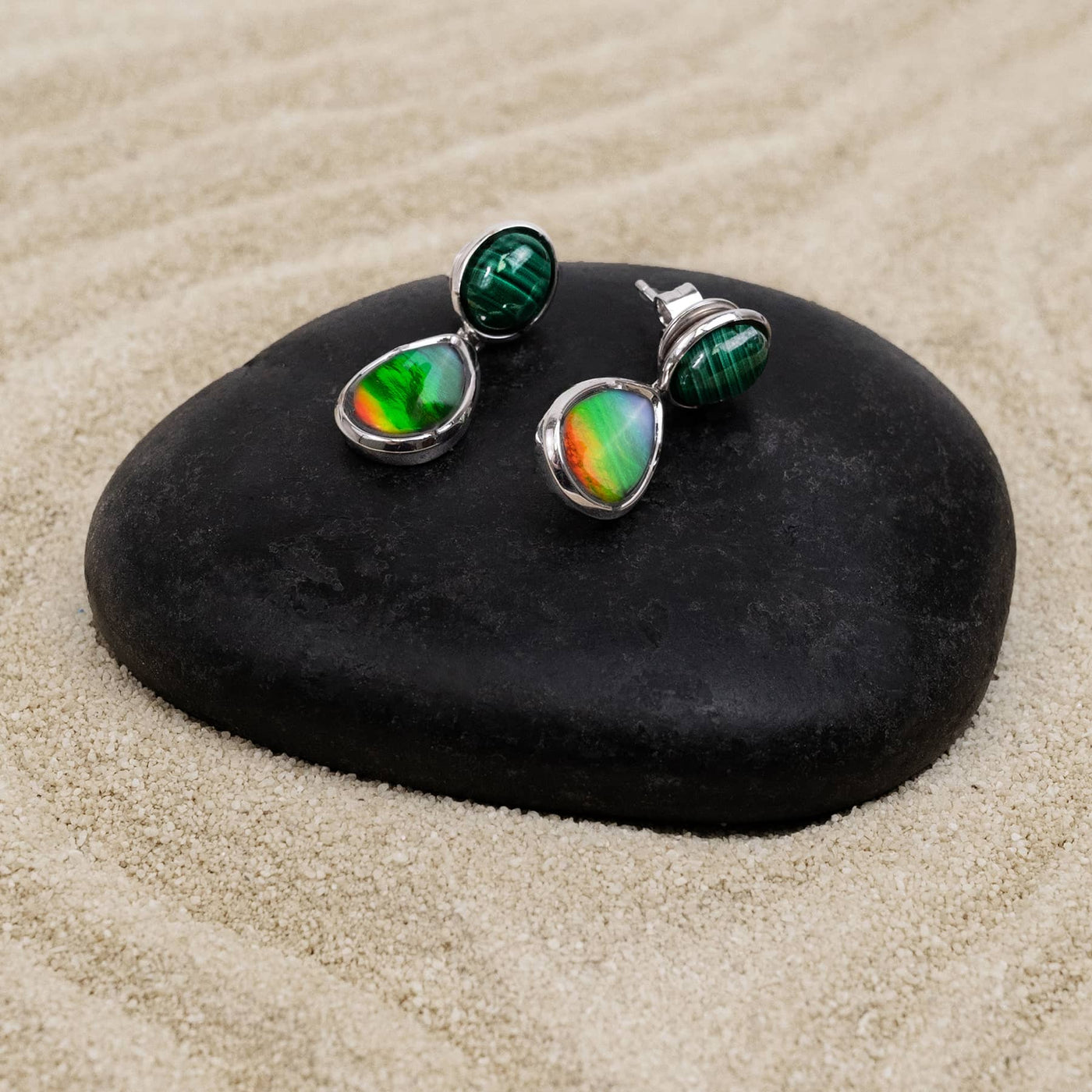 Harmony Ammolite Earrings in Sterling Silver with Malachite