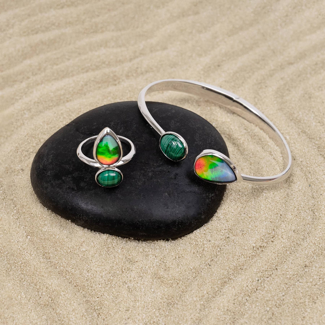 Harmony Ammolite Ring in Sterling Silver with Malachite