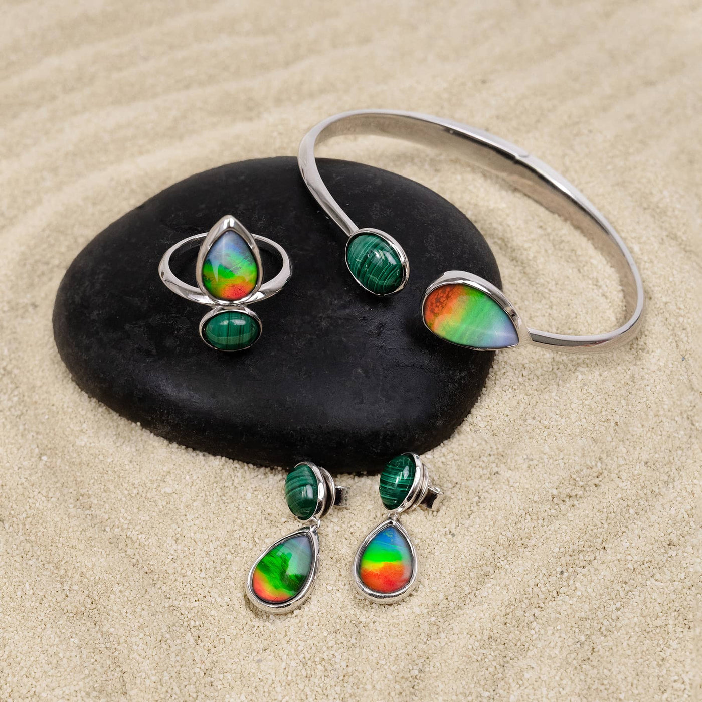 Harmony ammolite ring in sterling silver with malachite