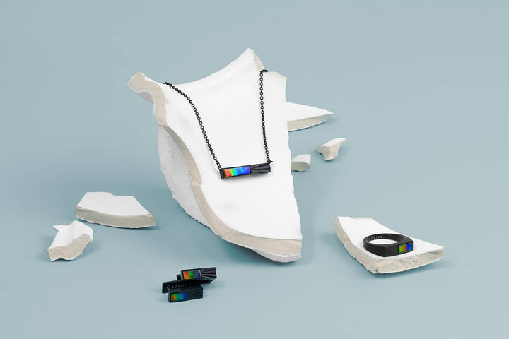 Eclipse Ammolite Pendant and Earring Set in Matte Black Titanium