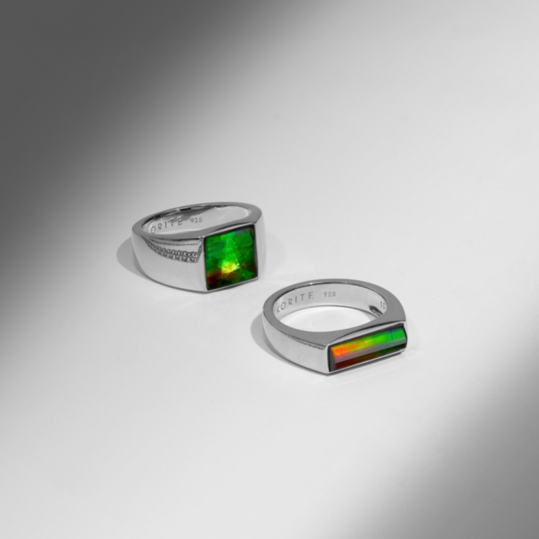Essentials Men Rectangle Ammolite Ring in Sterling Silver
