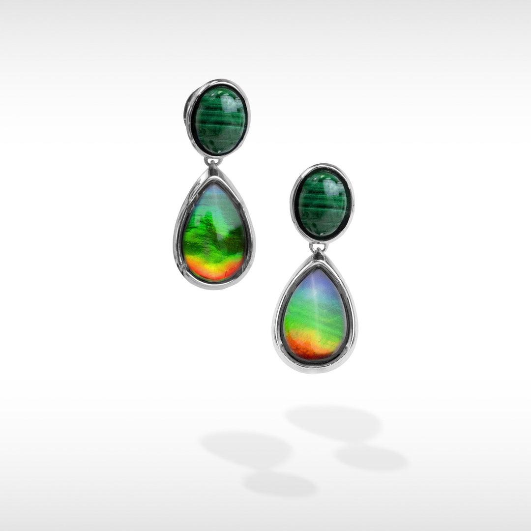 Harmony Ammolite Pendant and Earring Set in Sterling Silver with Malachite