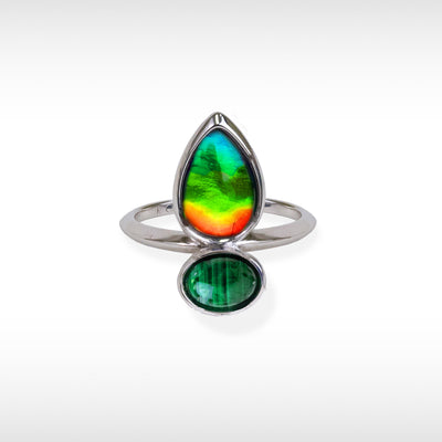 Harmony ammolite ring in sterling silver with malachite