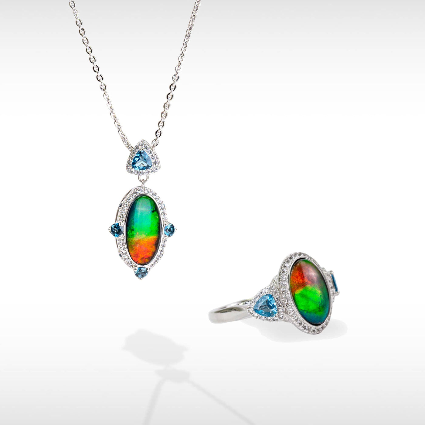 Lavish ammolite pendant and ring set in sterling silver