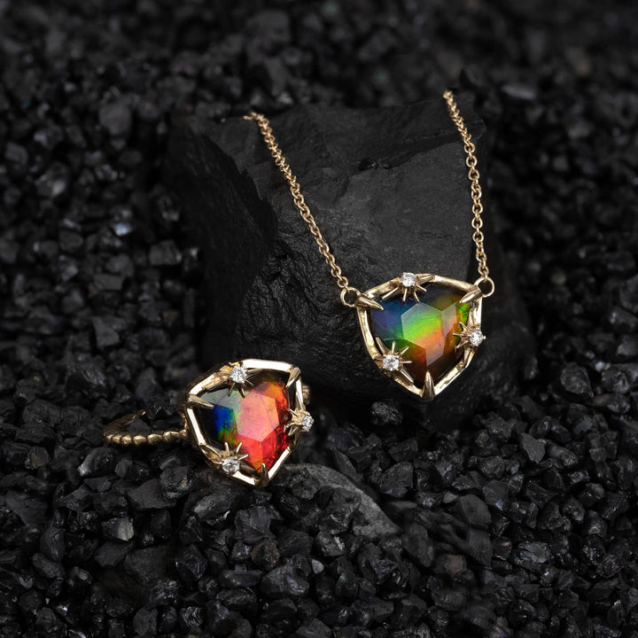 Starlight Trillion Ammolite Pendant with White Diamonds in 14K Gold