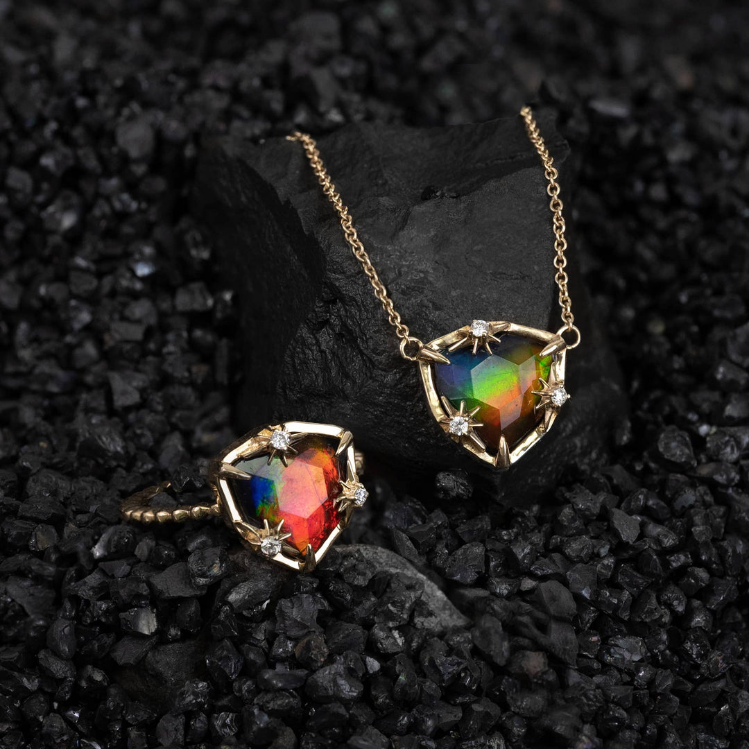 Starlight Trillion Ammolite Ring with White Diamonds in 14K Gold