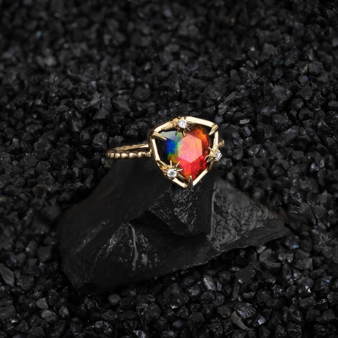 Starlight Trillion Ammolite Ring with White Diamonds in 14K Gold