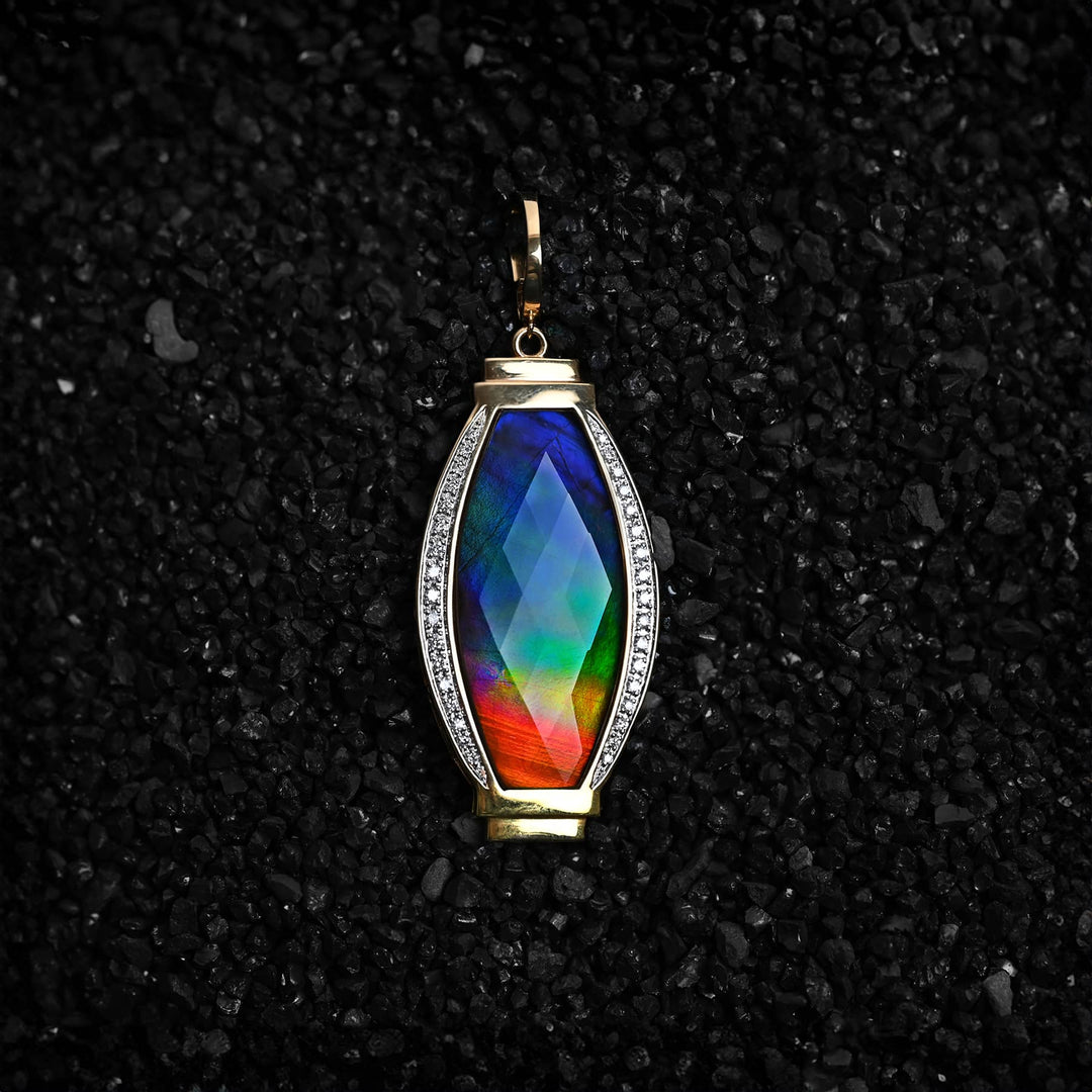 Women's 18K Gold AA Grade Ammolite Pendant with Diamond Accent