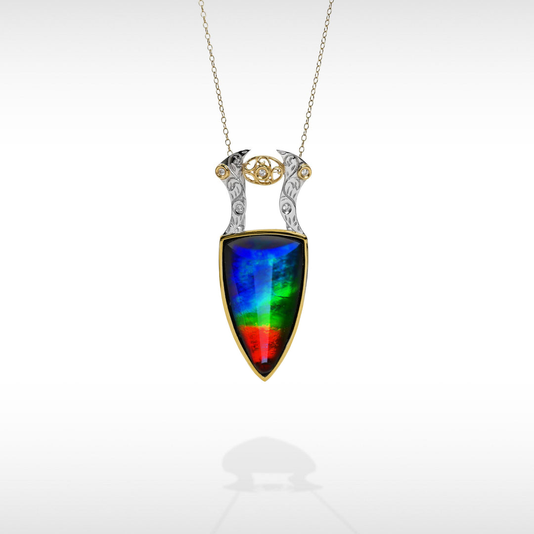 18K Gold AA Grade Ammolite Pendant with Diamond Accent