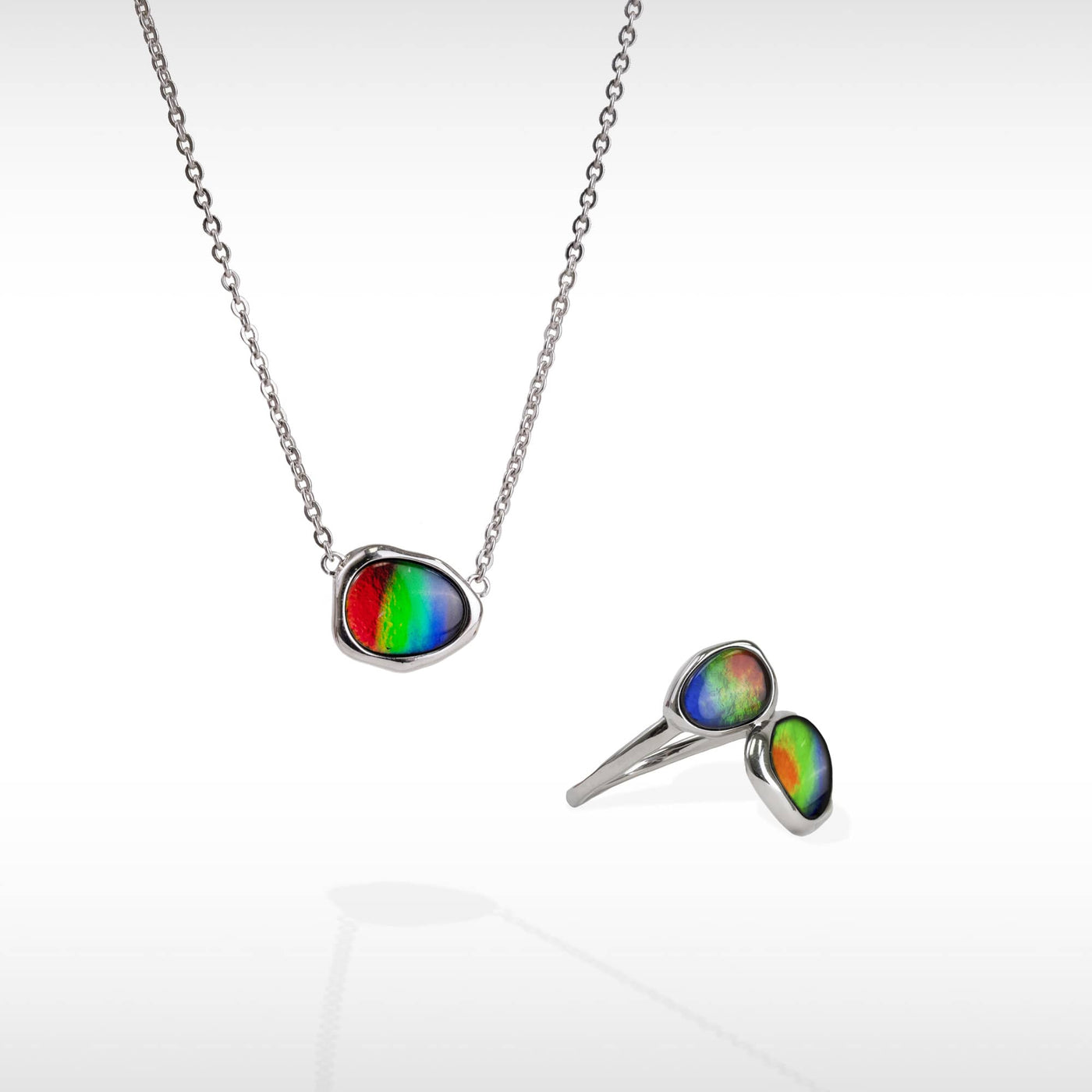 Organic ammolite pendant and ring set in sterling silver