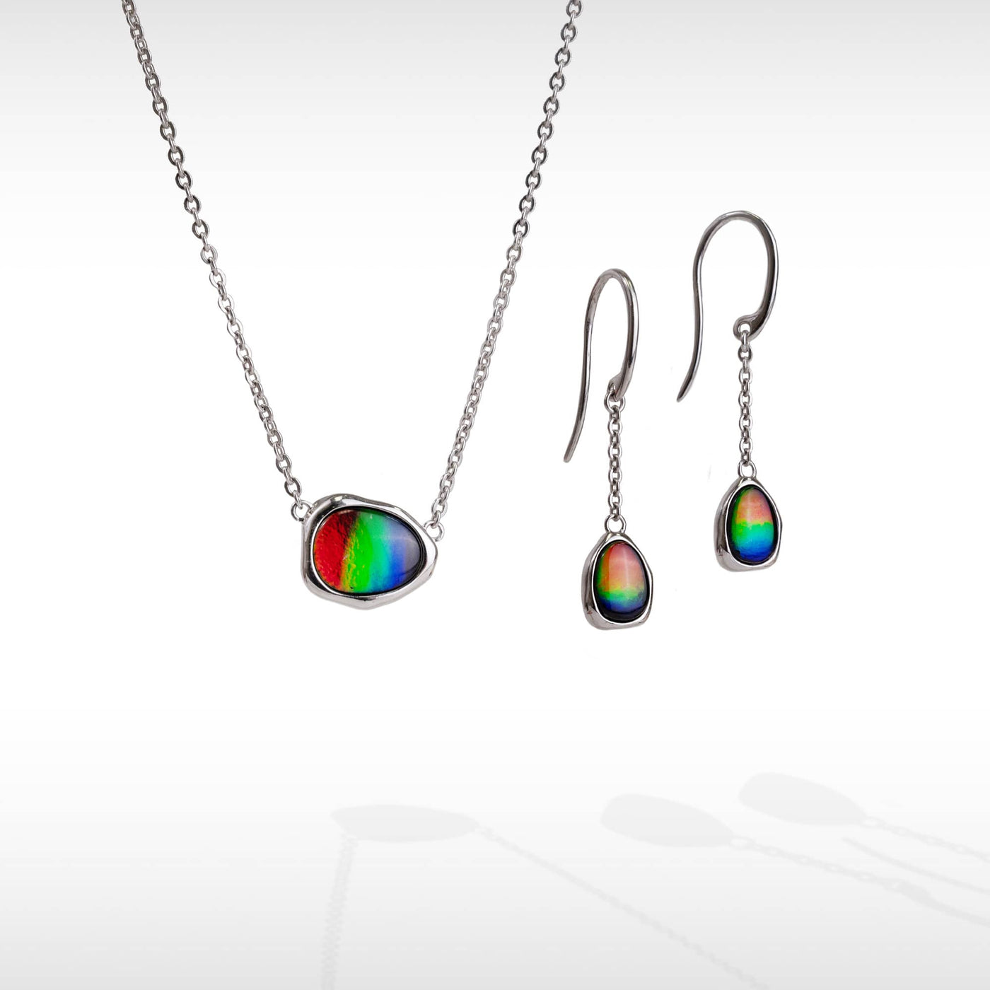 Organic ammolite pendant and earring set in sterling silver
