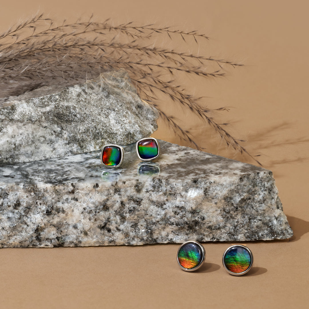 Origins Cushion Ammolite Earrrings in Sterling Silver