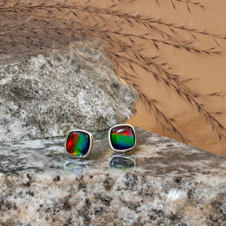 Origins Cushion Ammolite Earrrings in Sterling Silver