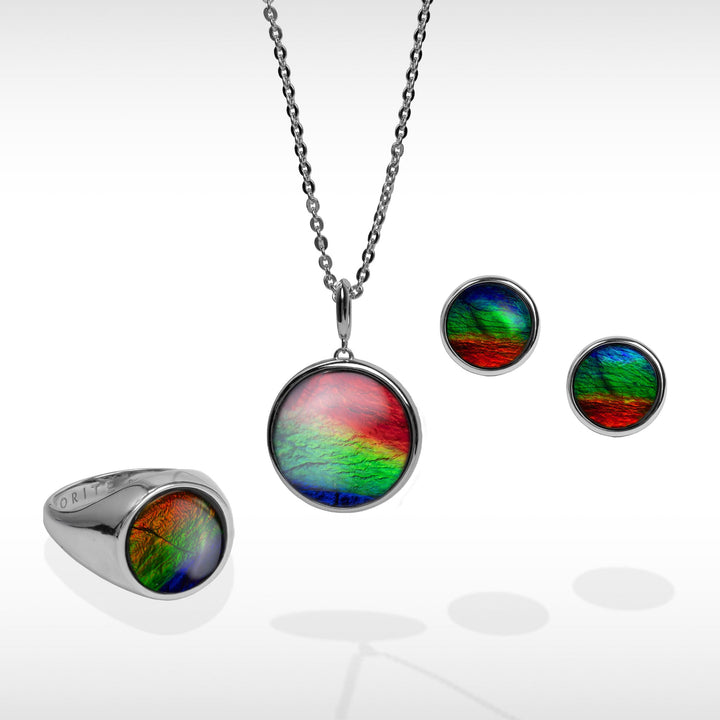 Origins round ammolite pendant,earring and ring set in sterling silver