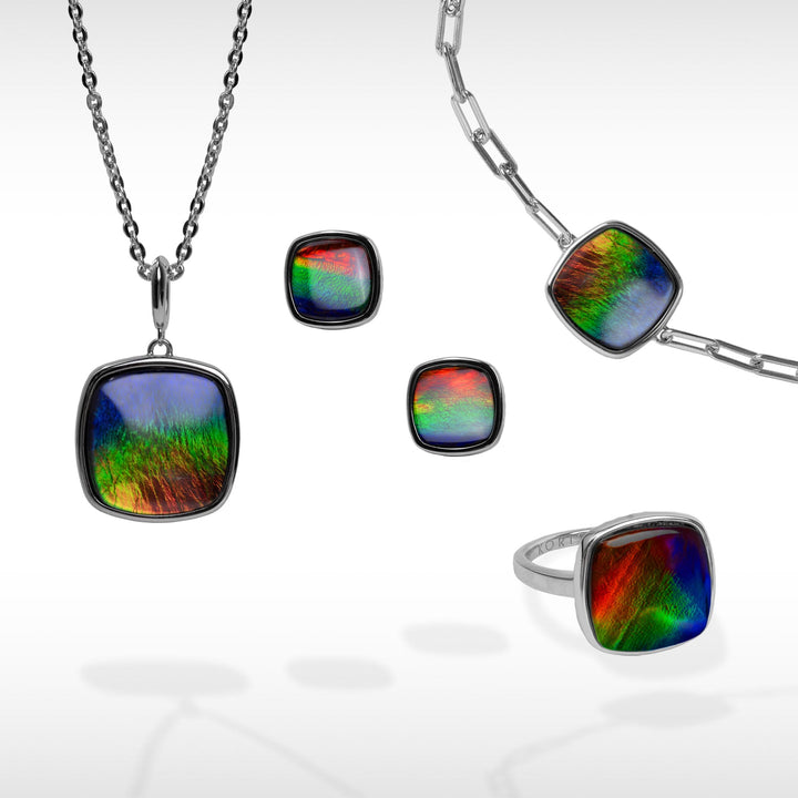 Origins cushion ammolite pendant, earring, ring and bracelet set in sterling silver