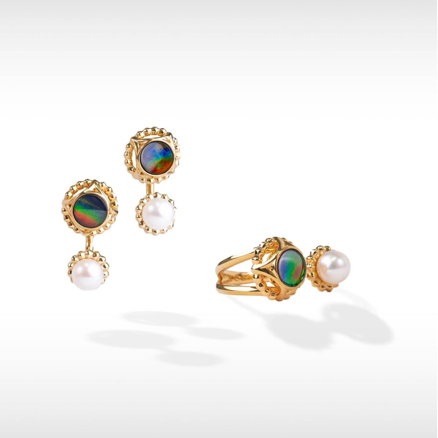 Pearl ammolite earring and ring set in 18K gold plating