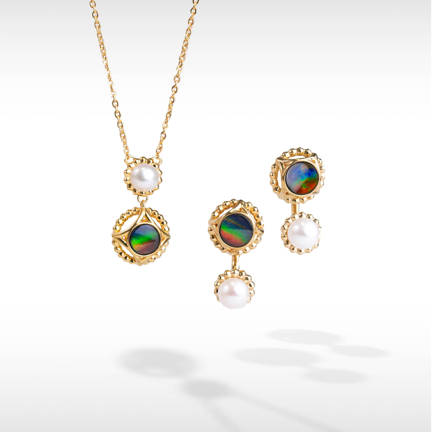 Pearl ammolite earring and pendant set in 18K gold plating