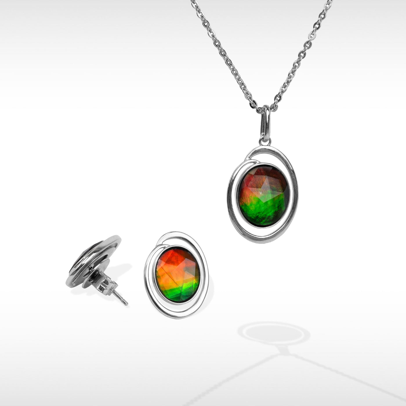 Essentials oval ammolite pendant and earring set in sterling silver