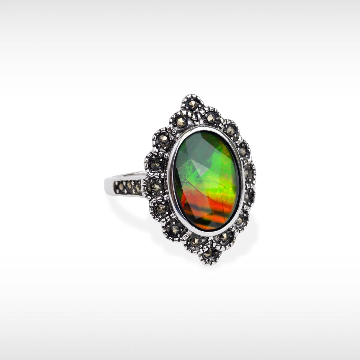 Women's Sterling Silver Ammolite Ring with Marcasite  Accent