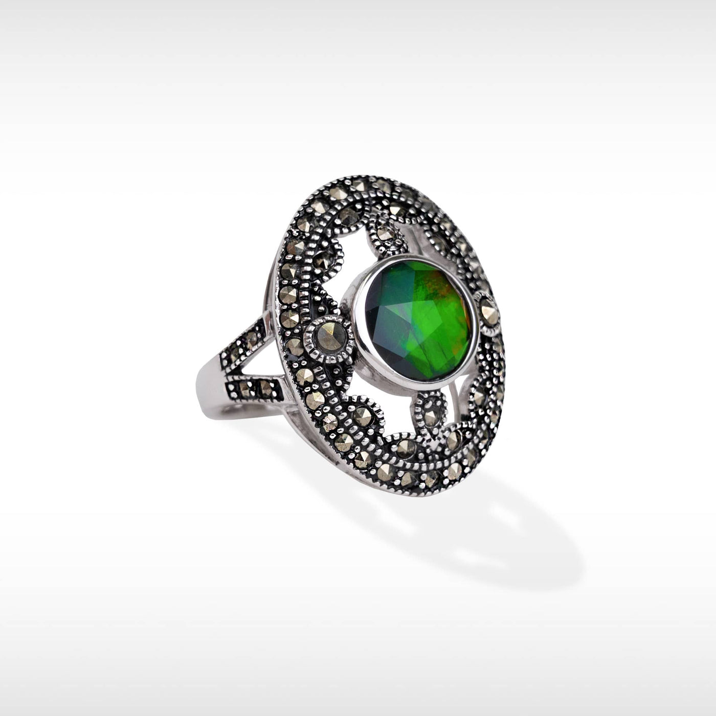 Women's Sterling Silver Ammolite Ring with Marcasite  Accent