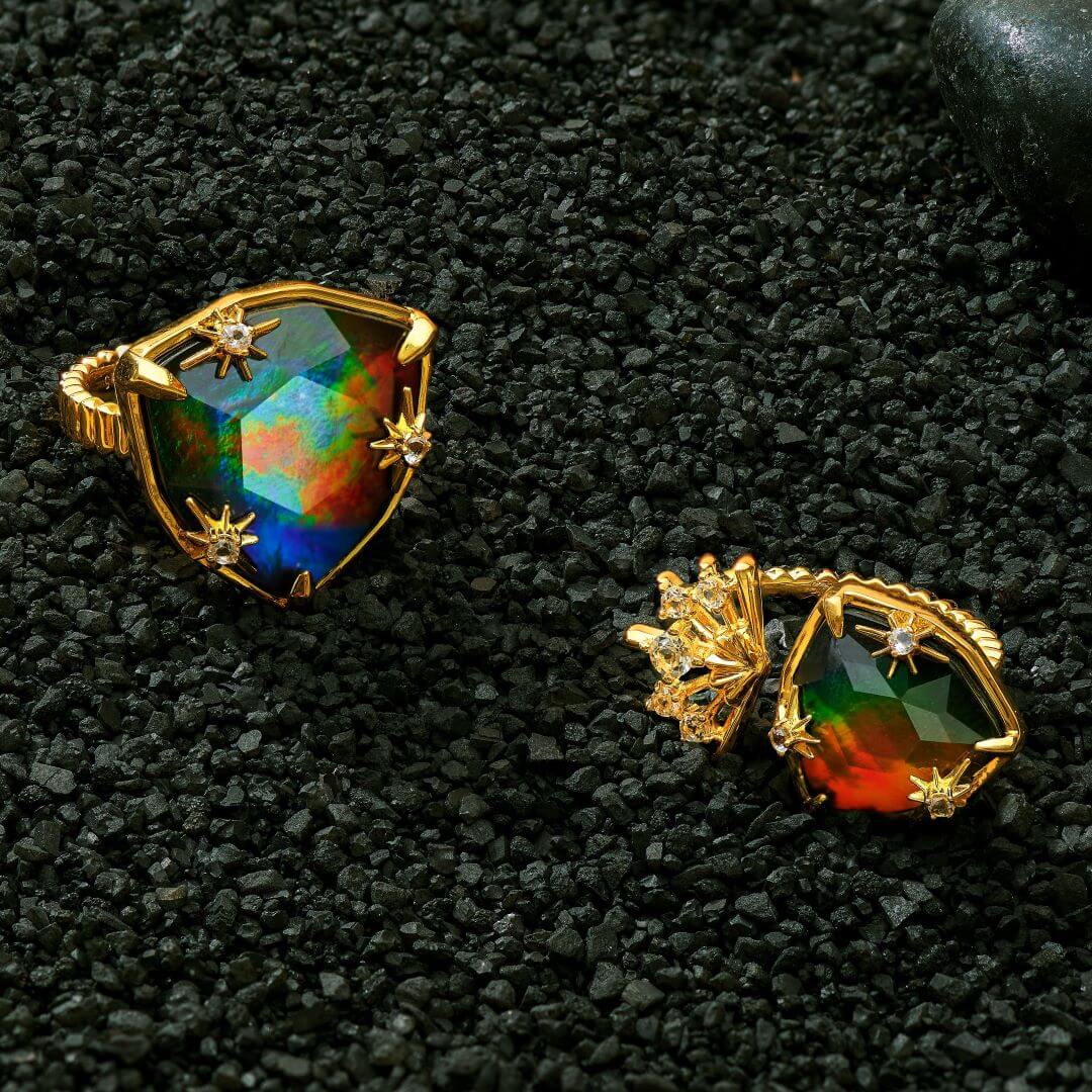 Starlight Trillion Ammolite Ring with White Topaz in 18k Gold Vermeil