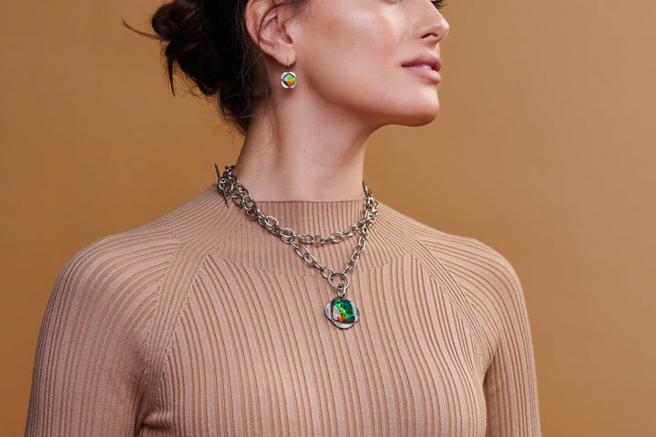 Origins chain link ammolite pendant,earring and bracelet set in sterling silver