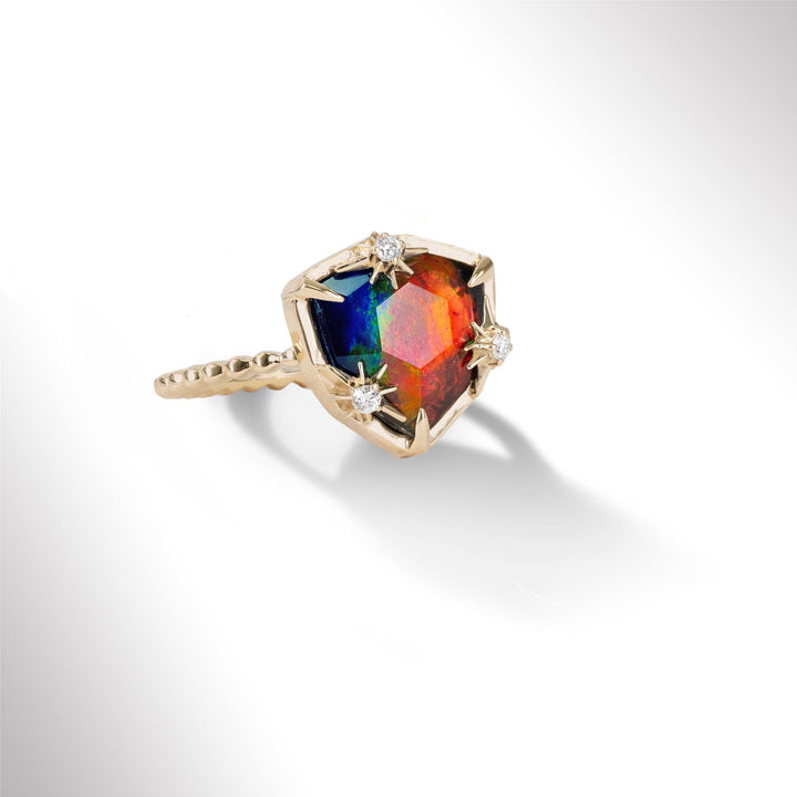 Starlight Trillion Ammolite Ring with White Diamonds in 14K Gold