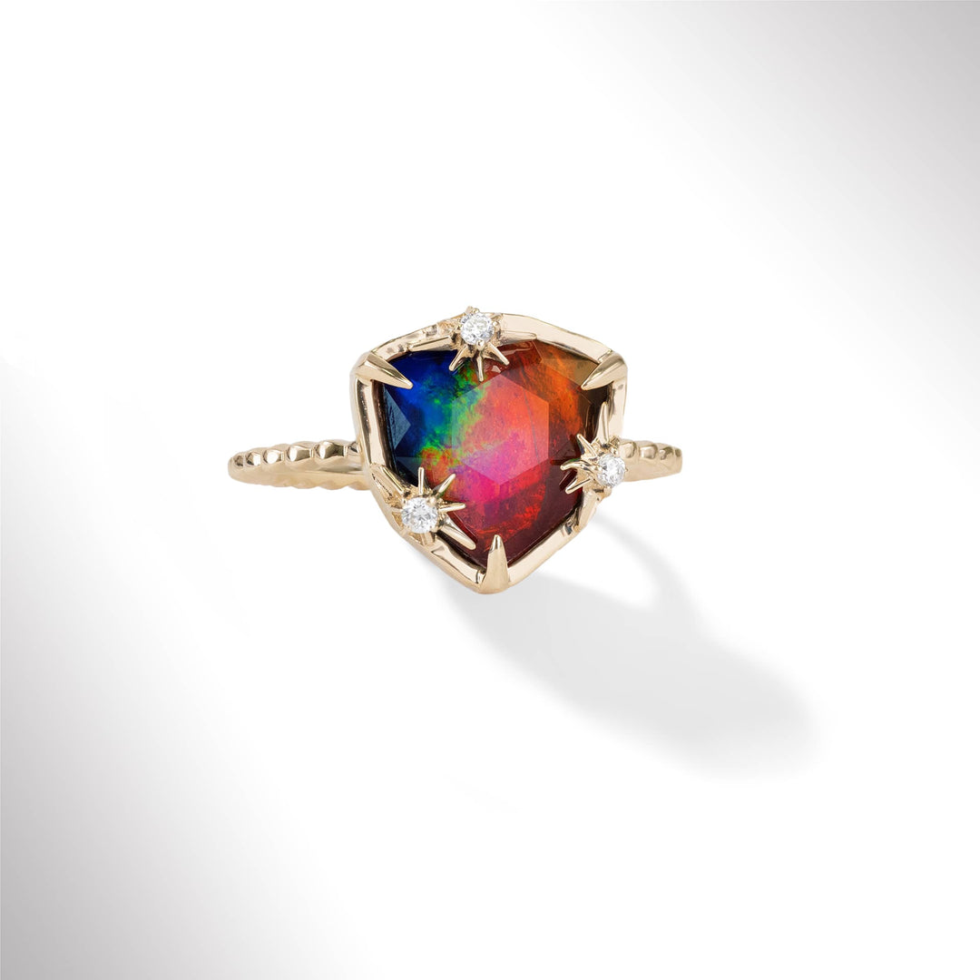 Starlight Trillion Ammolite Ring with White Diamonds in 14K Gold