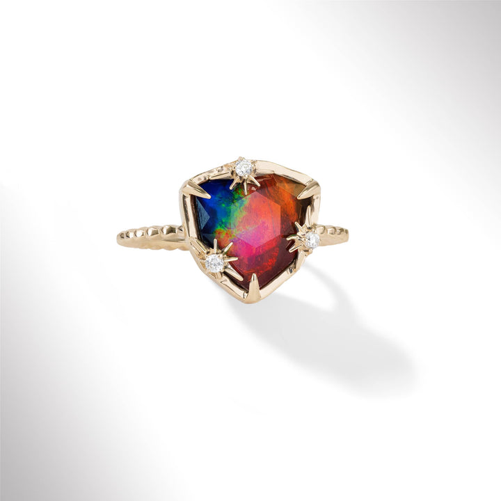 Starlight Trillion Ammolite Ring with White Diamonds in 14K Gold