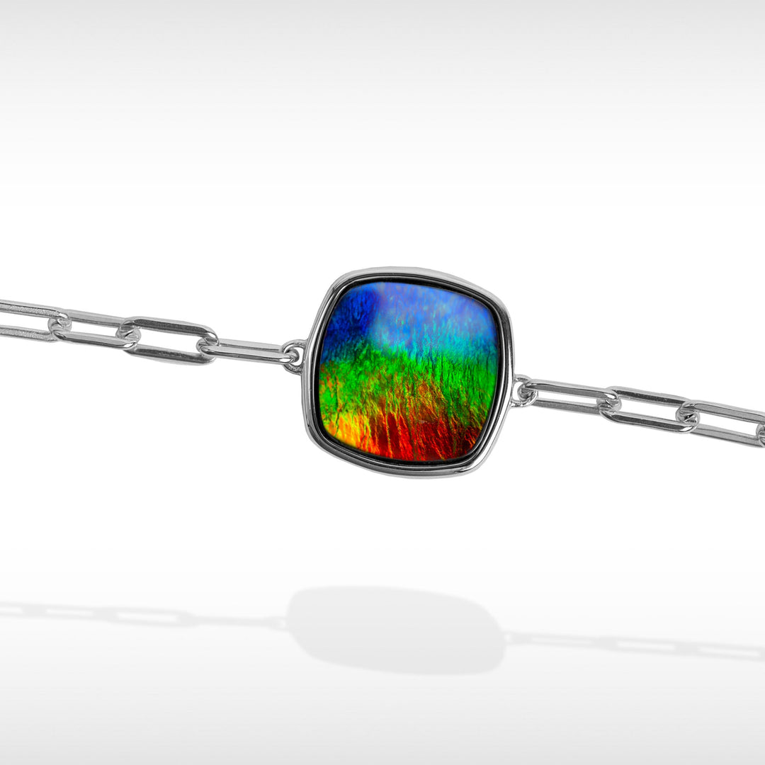 Origins cushion ammolite pendant, earring, ring and bracelet set in sterling silver