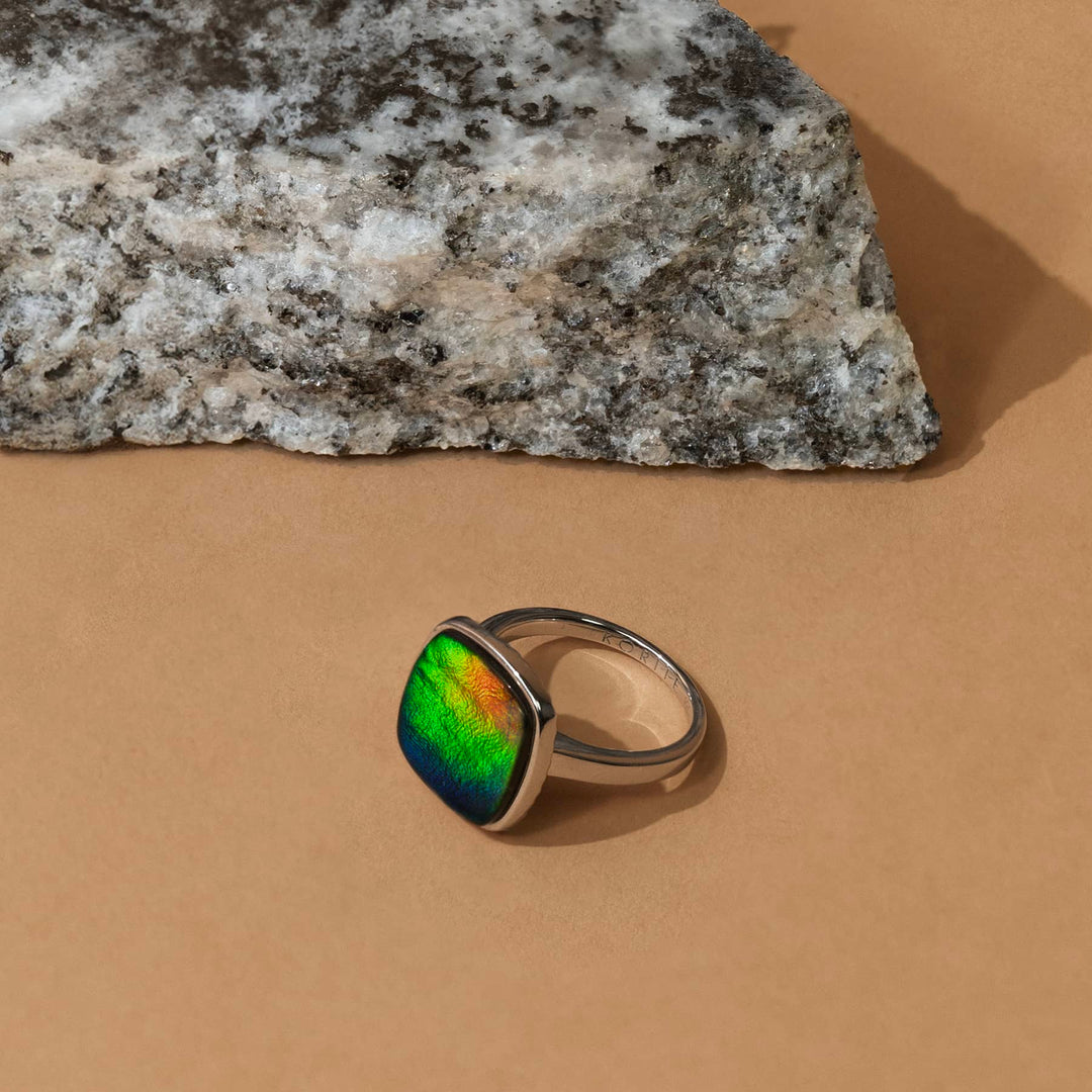 Origins Cushion Ammolite Ring in Sterling Silver