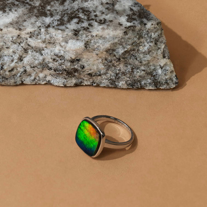 Origins Cushion Ammolite Ring in Sterling Silver